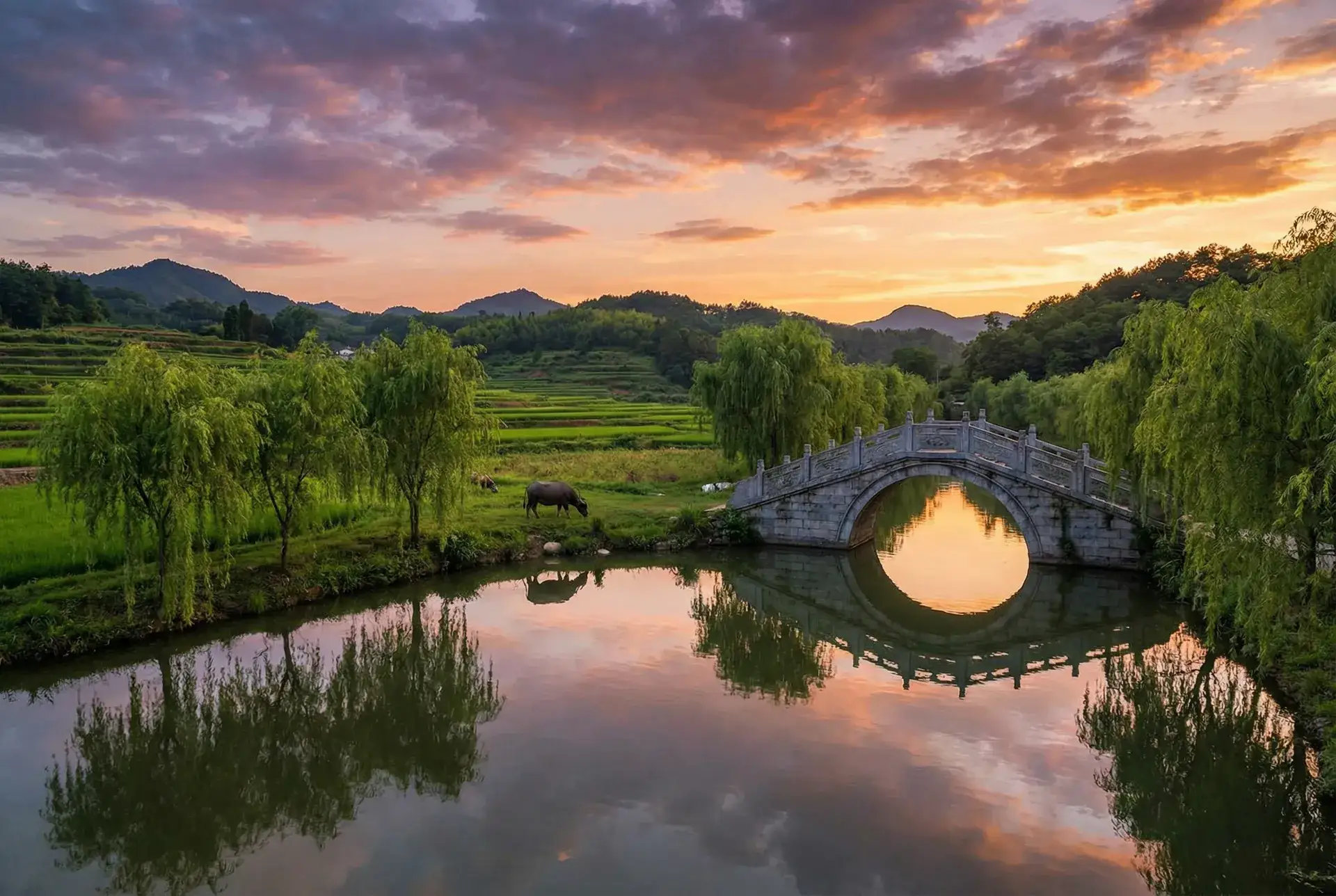 夕阳下的石拱桥与垂柳，水牛在河边吃草 - 谁是凶手电视剧免费观看 乡村美景